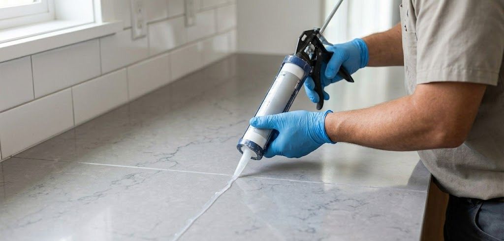 A close-up of a worker in blue gloves applying clear sealant to a seam during a grey quartz countertop installation.